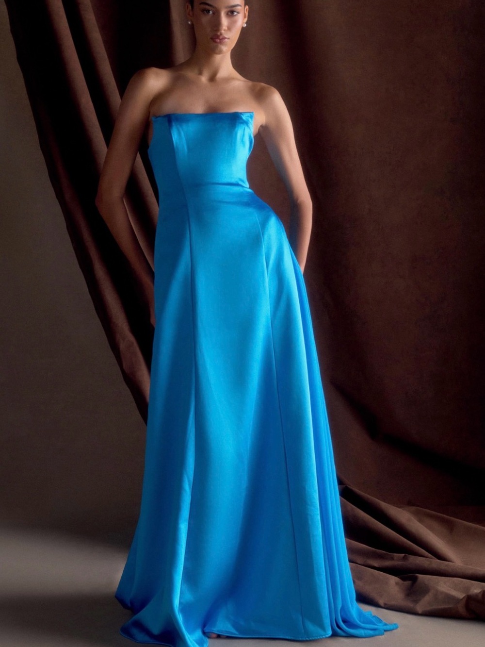 Meshki Rosella Satin Strapless Maxi Dress - Cyan Blue